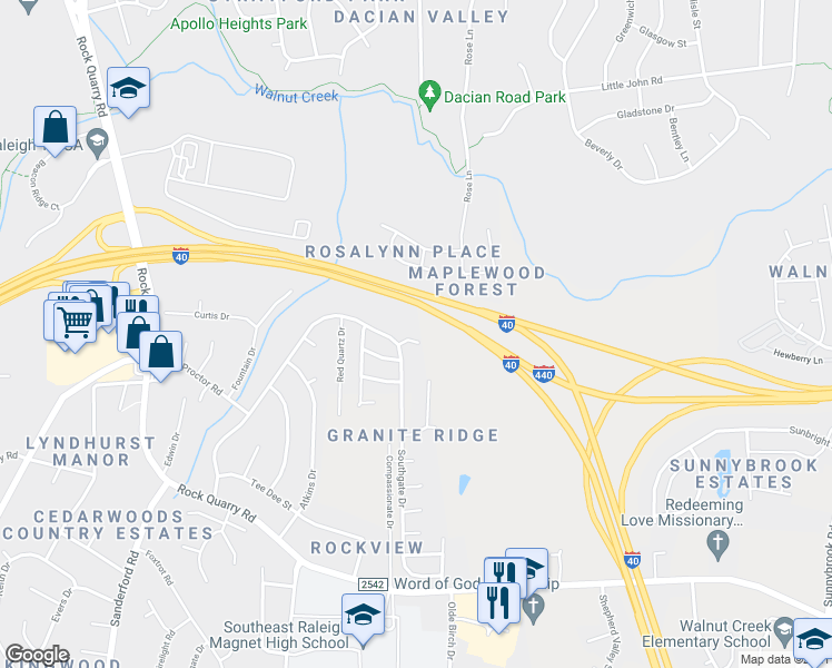 map of restaurants, bars, coffee shops, grocery stores, and more near 2721 Golden Amber Court in Raleigh