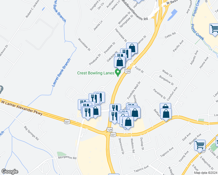 map of restaurants, bars, coffee shops, grocery stores, and more near 427 Whitecrest Drive in Maryville