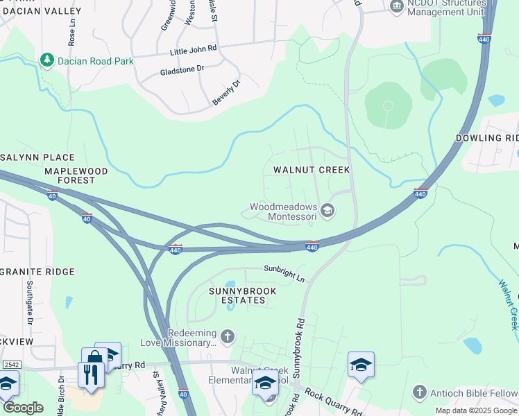 map of restaurants, bars, coffee shops, grocery stores, and more near 1601 Blue Ribbon Lane in Raleigh