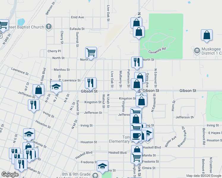 map of restaurants, bars, coffee shops, grocery stores, and more near 1115 Live Oak Street in Muskogee