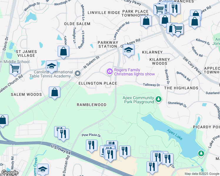 map of restaurants, bars, coffee shops, grocery stores, and more near 717 Sweet Laurel Lane in Apex