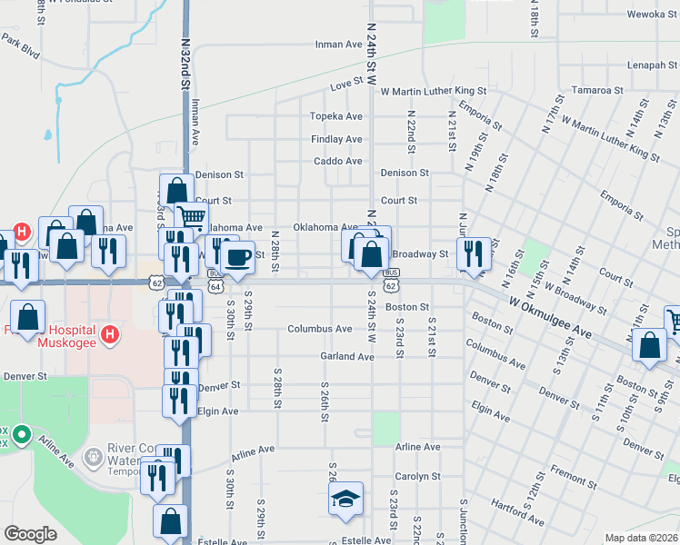 map of restaurants, bars, coffee shops, grocery stores, and more near 2434 West Okmulgee Avenue in Muskogee