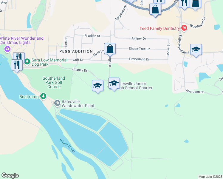 map of restaurants, bars, coffee shops, grocery stores, and more near 2 Pioneer Drive in Batesville