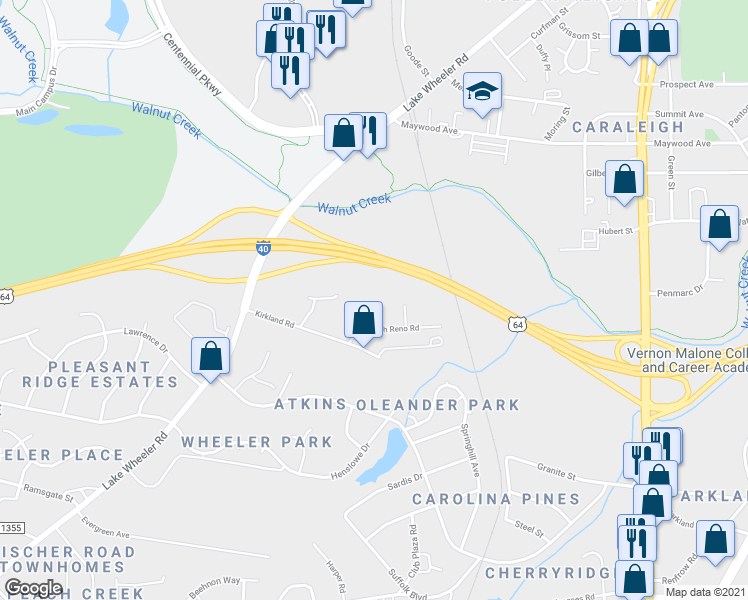 map of restaurants, bars, coffee shops, grocery stores, and more near 1400 Diggs Drive in Raleigh