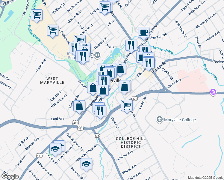 map of restaurants, bars, coffee shops, grocery stores, and more near Maryville-Alcoa Greenway in Maryville