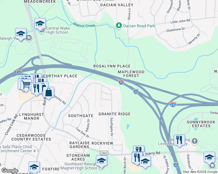 map of restaurants, bars, coffee shops, grocery stores, and more near 1306 Southgate Drive in Raleigh