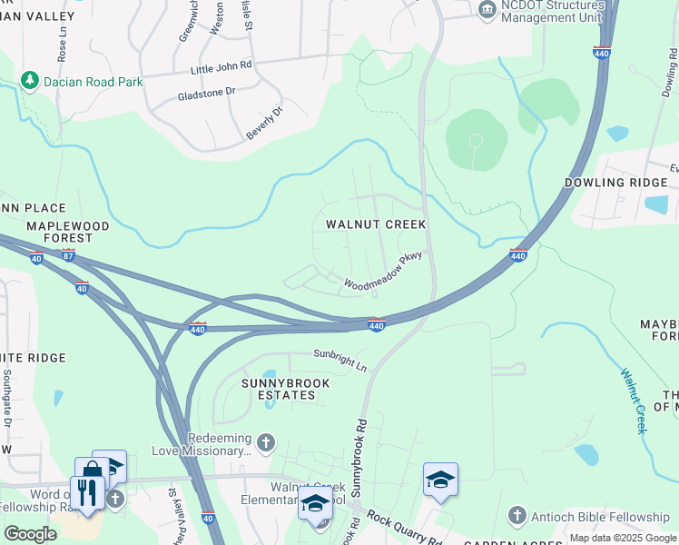 map of restaurants, bars, coffee shops, grocery stores, and more near 3329 Woodmeadow Lane in Raleigh