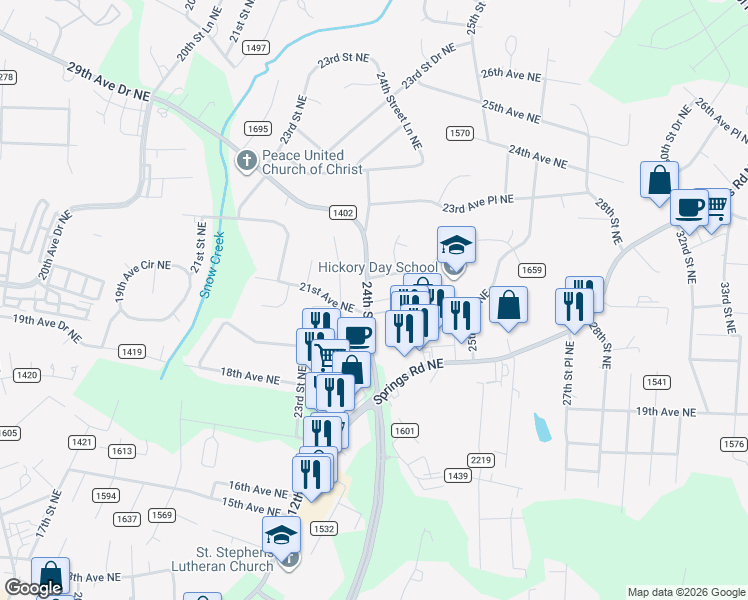 map of restaurants, bars, coffee shops, grocery stores, and more near 33 21st Avenue Northeast in Hickory
