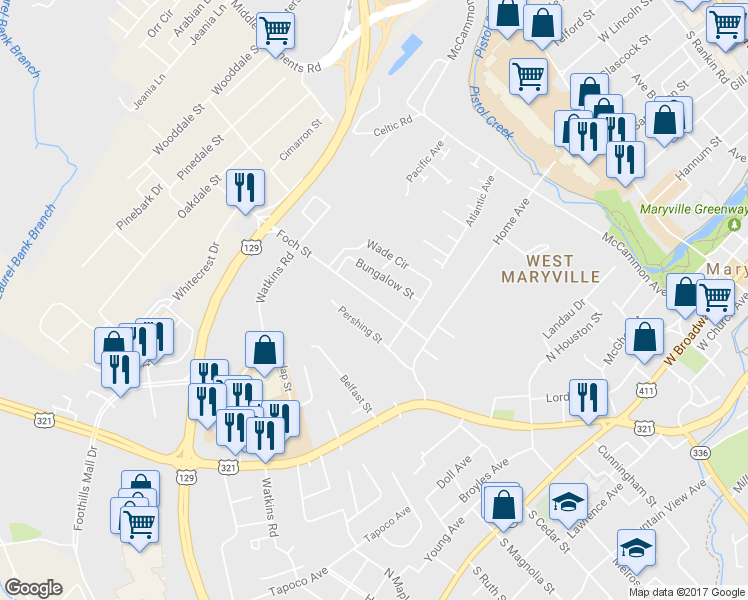 map of restaurants, bars, coffee shops, grocery stores, and more near 820 Foch Street in Maryville