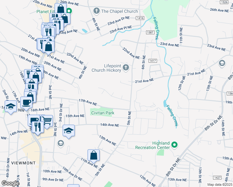 map of restaurants, bars, coffee shops, grocery stores, and more near 1761 4th Street Circle Northeast in Hickory