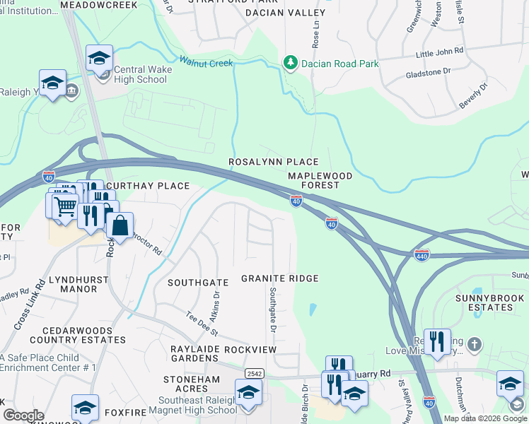 map of restaurants, bars, coffee shops, grocery stores, and more near 1306 Southgate Drive in Raleigh