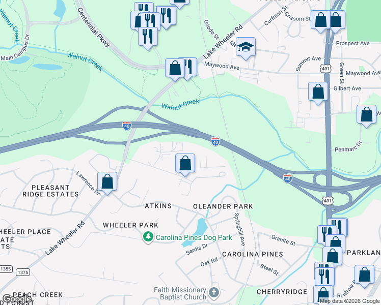 map of restaurants, bars, coffee shops, grocery stores, and more near 1400 Diggs Drive in Raleigh