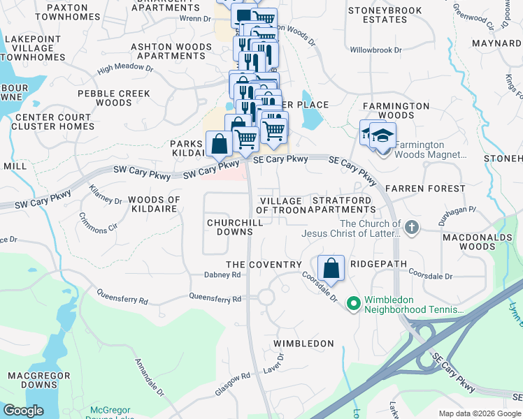 map of restaurants, bars, coffee shops, grocery stores, and more near 600 Rigside Place in Cary
