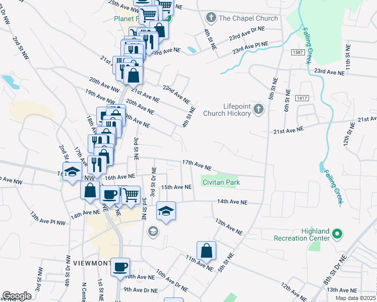 map of restaurants, bars, coffee shops, grocery stores, and more near 431 19th Avenue Northeast in Hickory