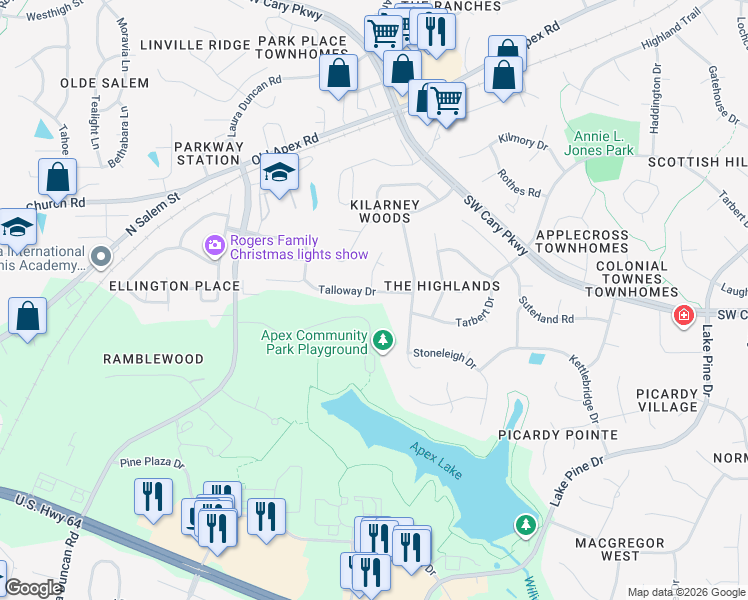 map of restaurants, bars, coffee shops, grocery stores, and more near 2005 Talloway Drive in Cary