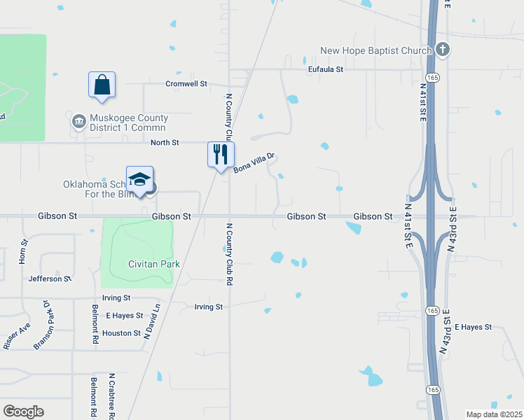 map of restaurants, bars, coffee shops, grocery stores, and more near 3700 Gibson Street in Muskogee