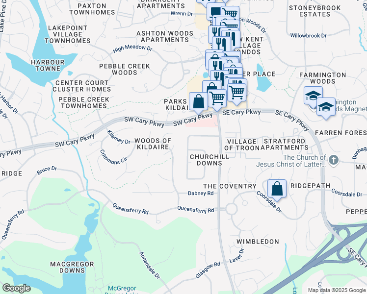 map of restaurants, bars, coffee shops, grocery stores, and more near 124 Castlewood Drive in Cary