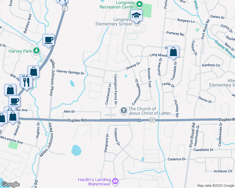 map of restaurants, bars, coffee shops, grocery stores, and more near 1028 Lexington Farms Drive in Spring Hill