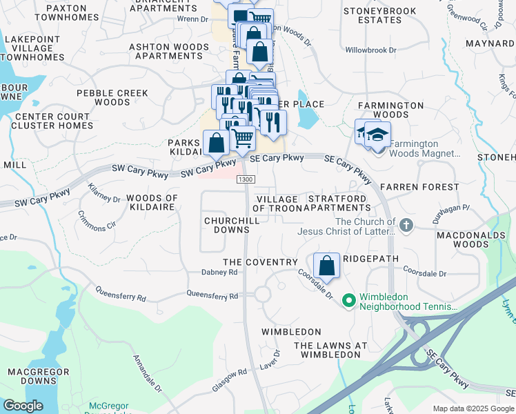map of restaurants, bars, coffee shops, grocery stores, and more near 600 Rigside Place in Cary