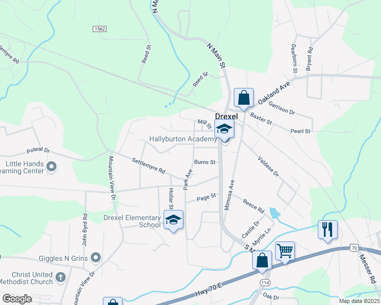 map of restaurants, bars, coffee shops, grocery stores, and more near 304 Park Avenue in Morganton
