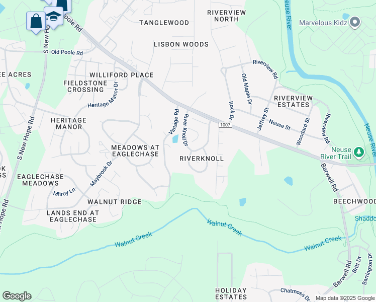 map of restaurants, bars, coffee shops, grocery stores, and more near 1732 River Knoll Drive in Raleigh