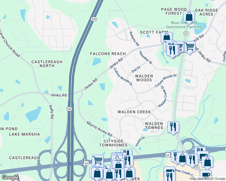 map of restaurants, bars, coffee shops, grocery stores, and more near 2814 Kentshire Place in Apex