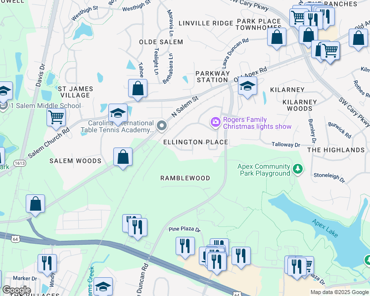 map of restaurants, bars, coffee shops, grocery stores, and more near 623 Laurel Berry Court in Apex