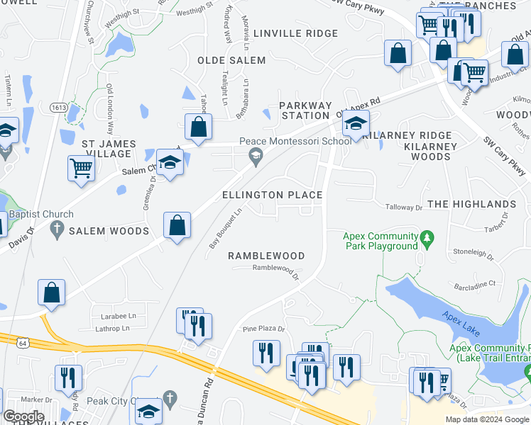 map of restaurants, bars, coffee shops, grocery stores, and more near 623 Laurel Berry Court in Apex