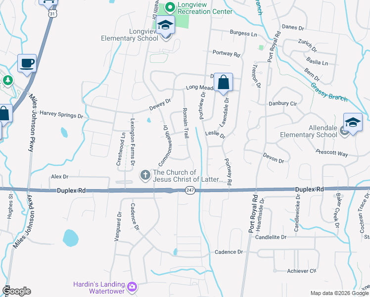 map of restaurants, bars, coffee shops, grocery stores, and more near 6001 Romain Court in Spring Hill