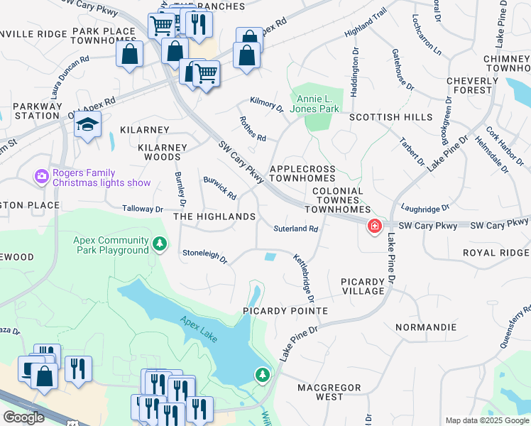 map of restaurants, bars, coffee shops, grocery stores, and more near 1202 Suterland Road in Cary