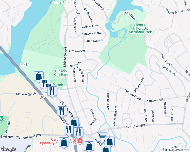 map of restaurants, bars, coffee shops, grocery stores, and more near 1550 16th Avenue Circle Northwest in Hickory
