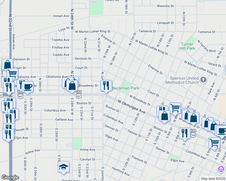 map of restaurants, bars, coffee shops, grocery stores, and more near 1611 West Broadway Street in Muskogee