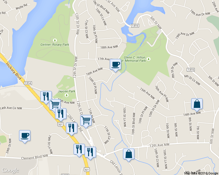 map of restaurants, bars, coffee shops, grocery stores, and more near 1550 16th Avenue Circle Northwest in Hickory