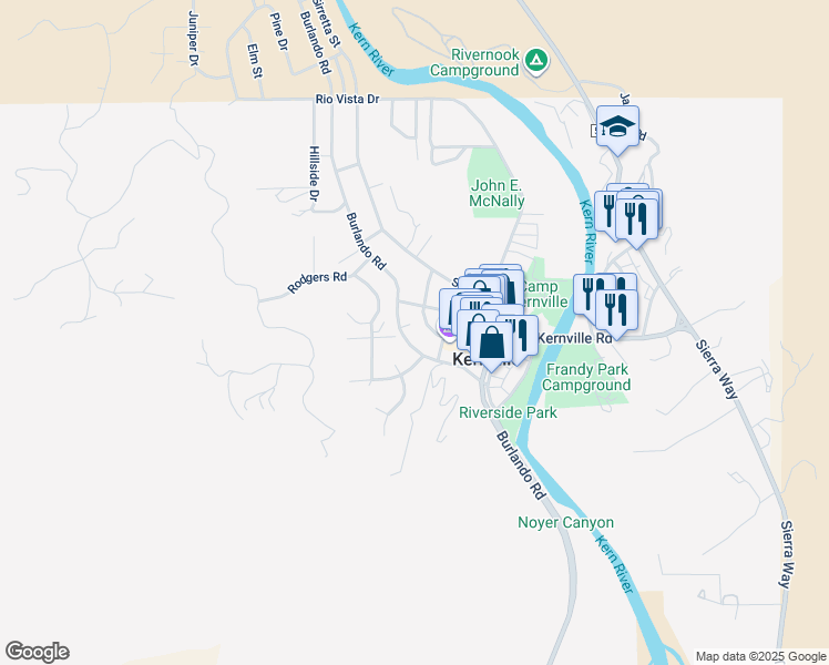 map of restaurants, bars, coffee shops, grocery stores, and more near 122 Burlando Road in Kernville