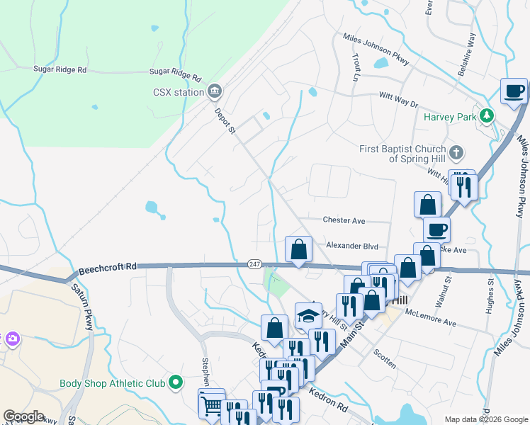 map of restaurants, bars, coffee shops, grocery stores, and more near 430 Bruce Drive in Spring Hill