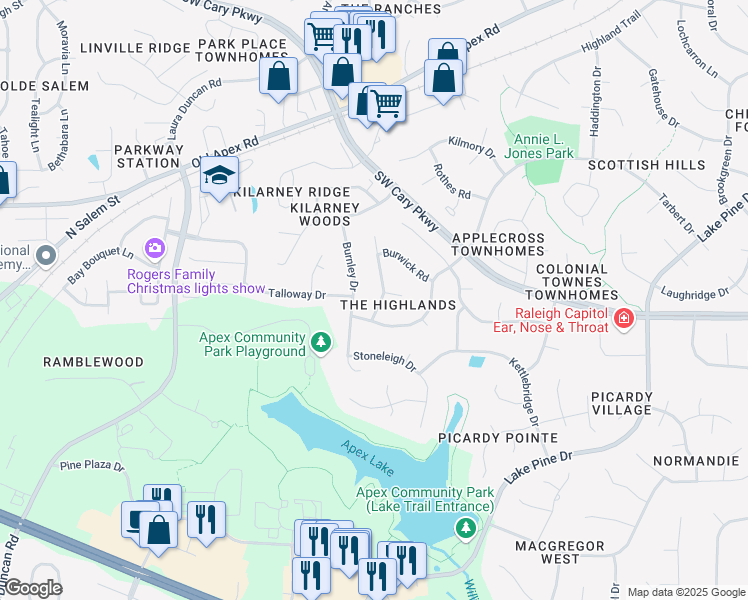 map of restaurants, bars, coffee shops, grocery stores, and more near 1212 Broadford Drive in Cary