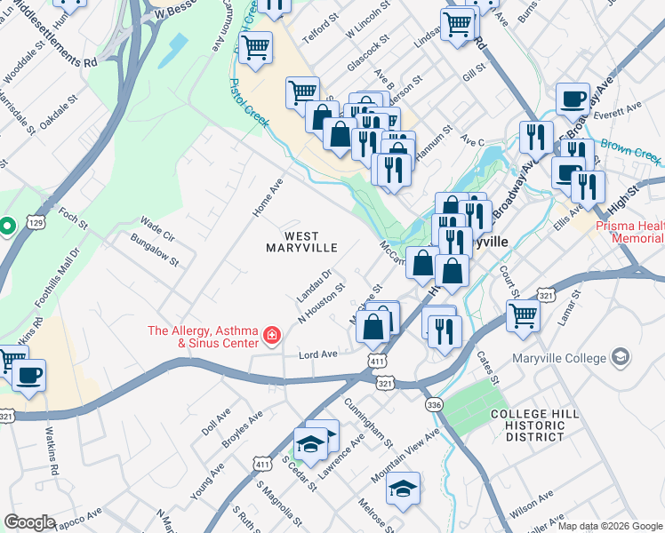 map of restaurants, bars, coffee shops, grocery stores, and more near 337 Landau Drive in Maryville
