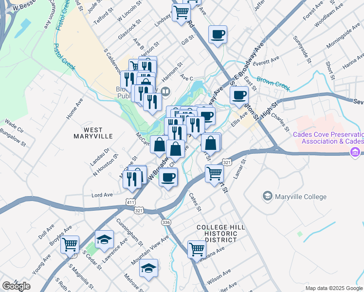 map of restaurants, bars, coffee shops, grocery stores, and more near 102 West Broadway Avenue in Maryville