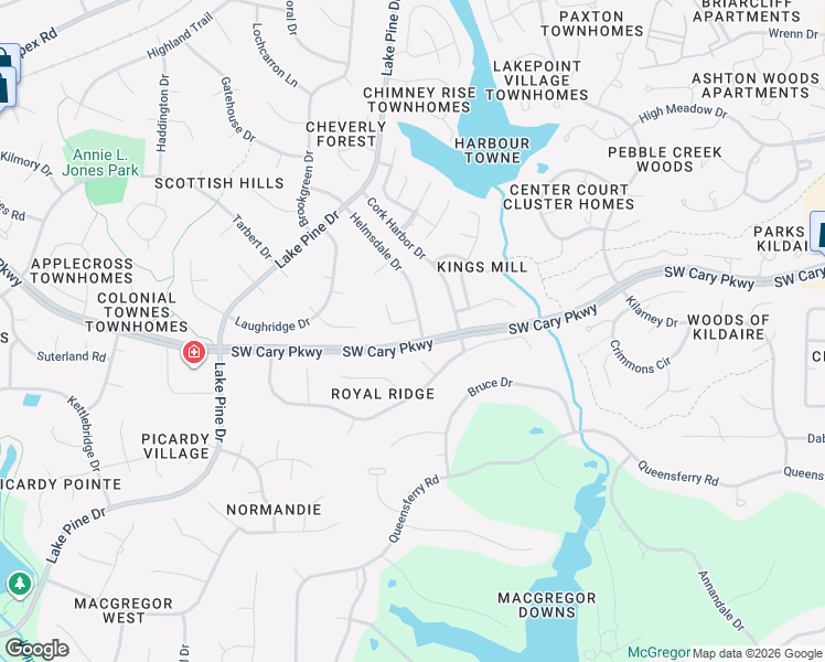 map of restaurants, bars, coffee shops, grocery stores, and more near 1420 Helmsdale Drive in Cary