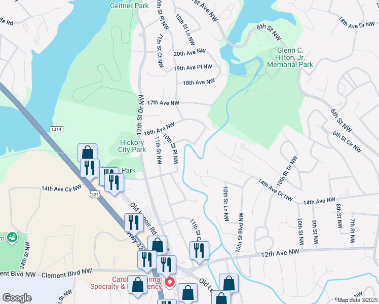 map of restaurants, bars, coffee shops, grocery stores, and more near 1540 16th Avenue Circle Northwest in Hickory