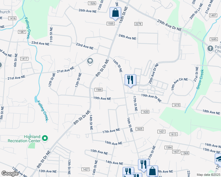 map of restaurants, bars, coffee shops, grocery stores, and more near 1527 20th Avenue Northeast in Hickory