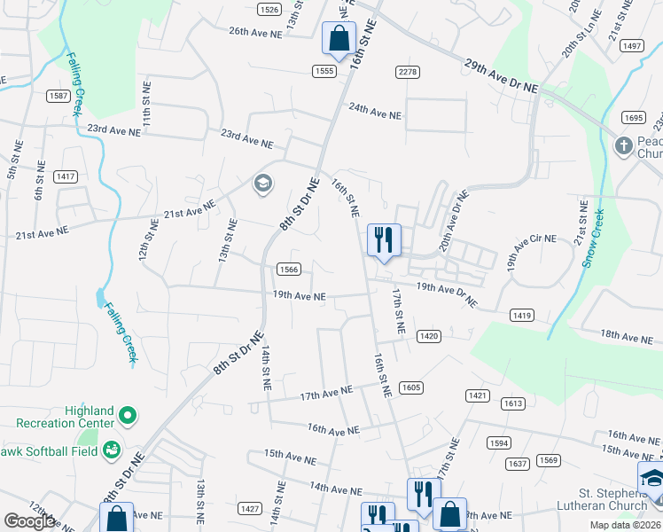 map of restaurants, bars, coffee shops, grocery stores, and more near 1923 16th Street Northeast in Hickory
