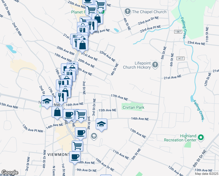 map of restaurants, bars, coffee shops, grocery stores, and more near 431 19th Avenue Northeast in Hickory