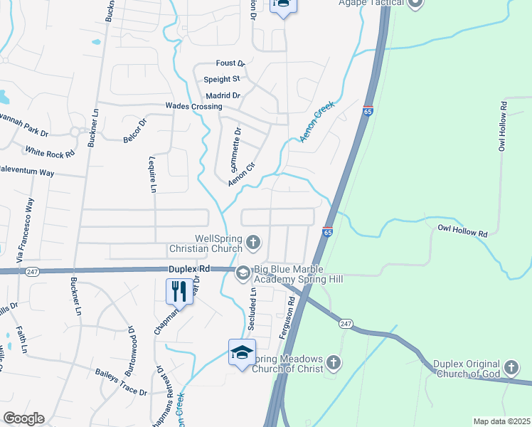 map of restaurants, bars, coffee shops, grocery stores, and more near 4055 Locerbie Circle in Spring Hill