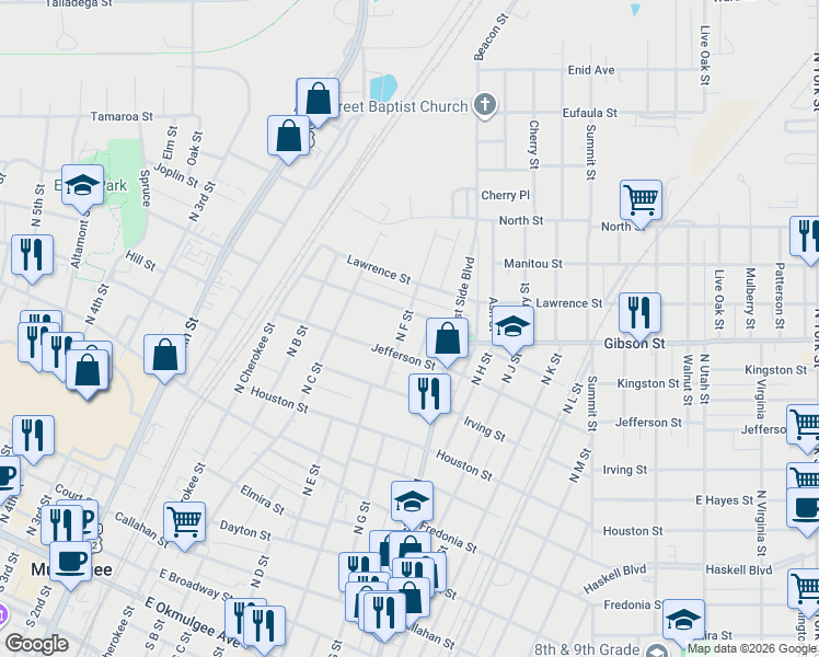 map of restaurants, bars, coffee shops, grocery stores, and more near 1024 North F Street in Muskogee