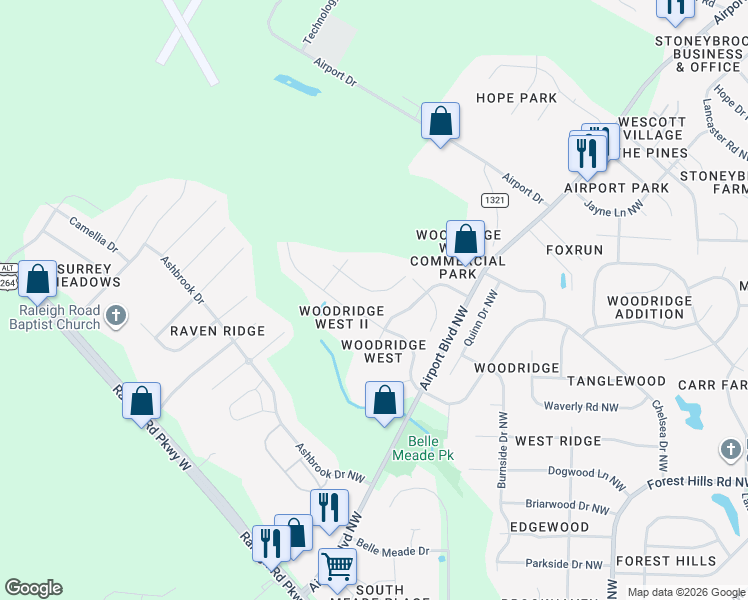 map of restaurants, bars, coffee shops, grocery stores, and more near 3613 Ashford Drive Northwest in Wilson
