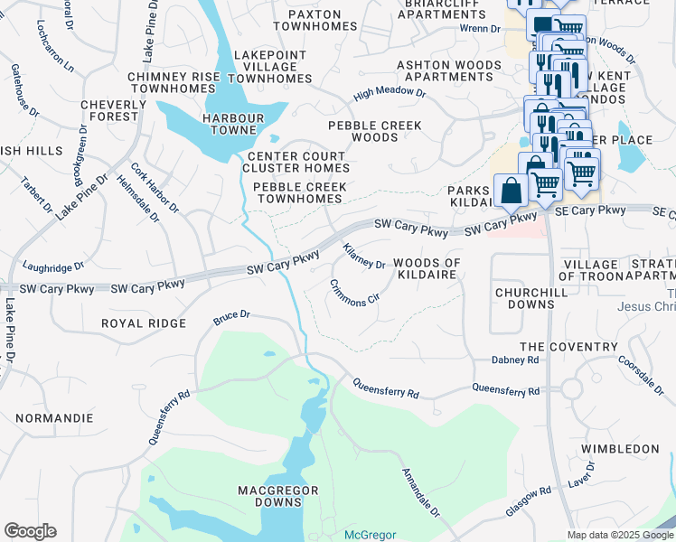 map of restaurants, bars, coffee shops, grocery stores, and more near 304 Crimmons Circle in Cary