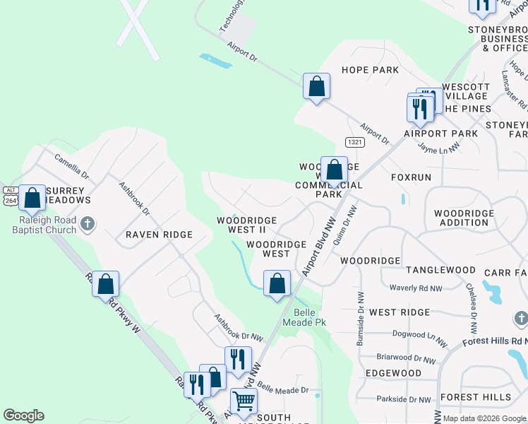 map of restaurants, bars, coffee shops, grocery stores, and more near 3613 Ashford Drive Northwest in Wilson