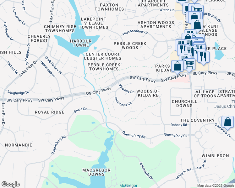 map of restaurants, bars, coffee shops, grocery stores, and more near 304 Crimmons Circle in Cary
