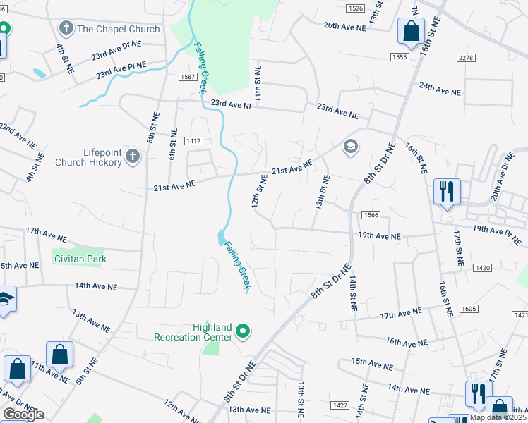 map of restaurants, bars, coffee shops, grocery stores, and more near 1930 12th Street Northeast in Hickory